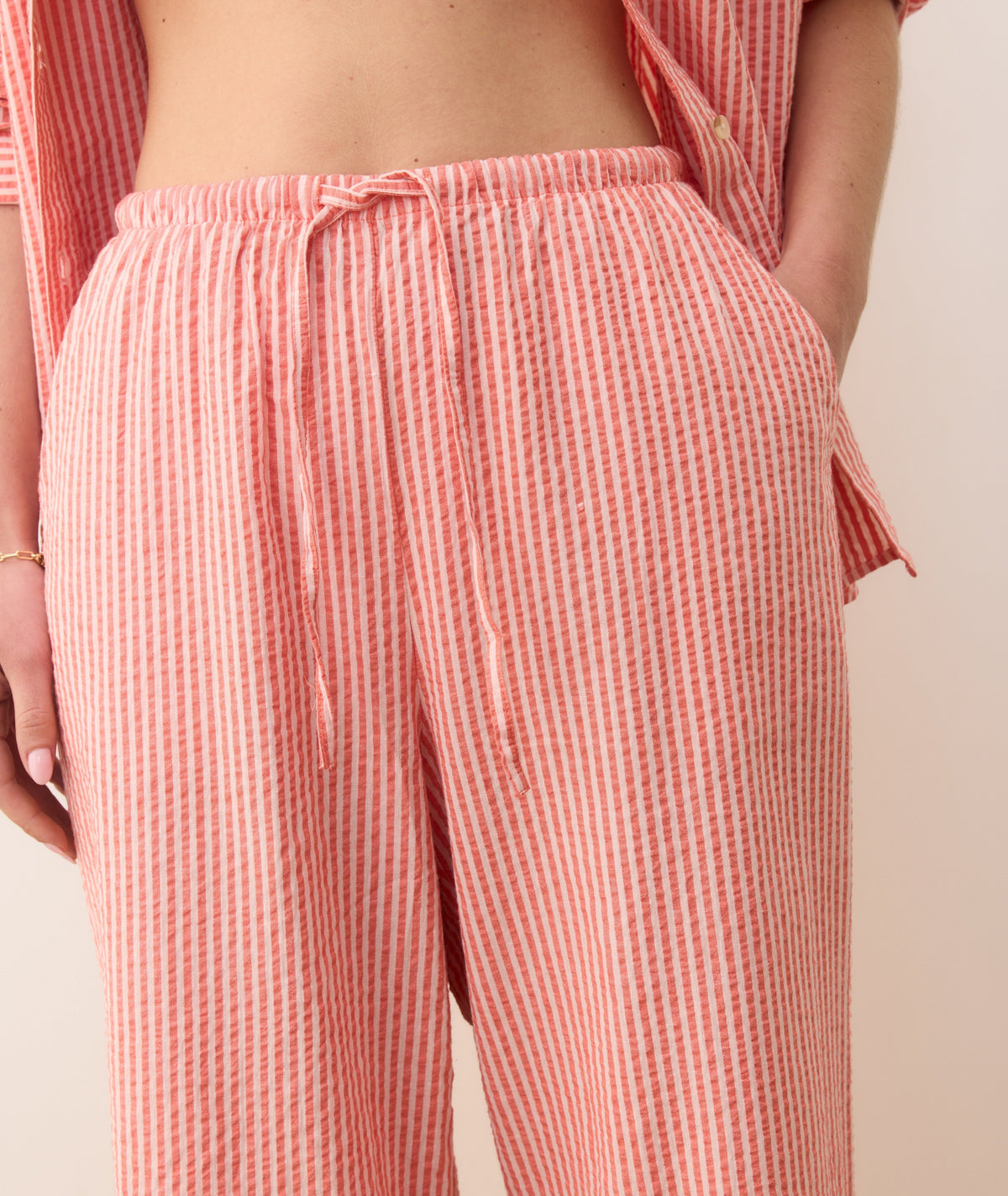 Seersucker Drawstring Wide Leg Pant
